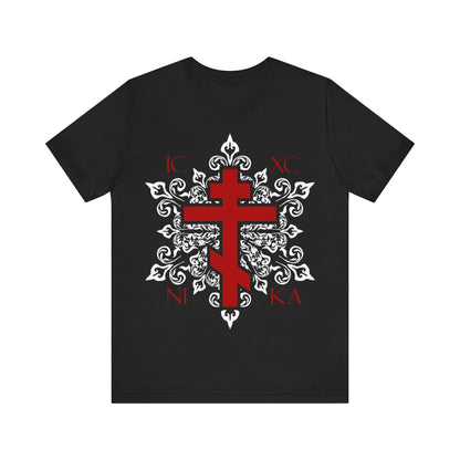 ICXC / NIKA Red Orthodox Cross on Ornate White Medieval Floral Design | Exclusive Best-Selling Orthodox Christian T-Shirt