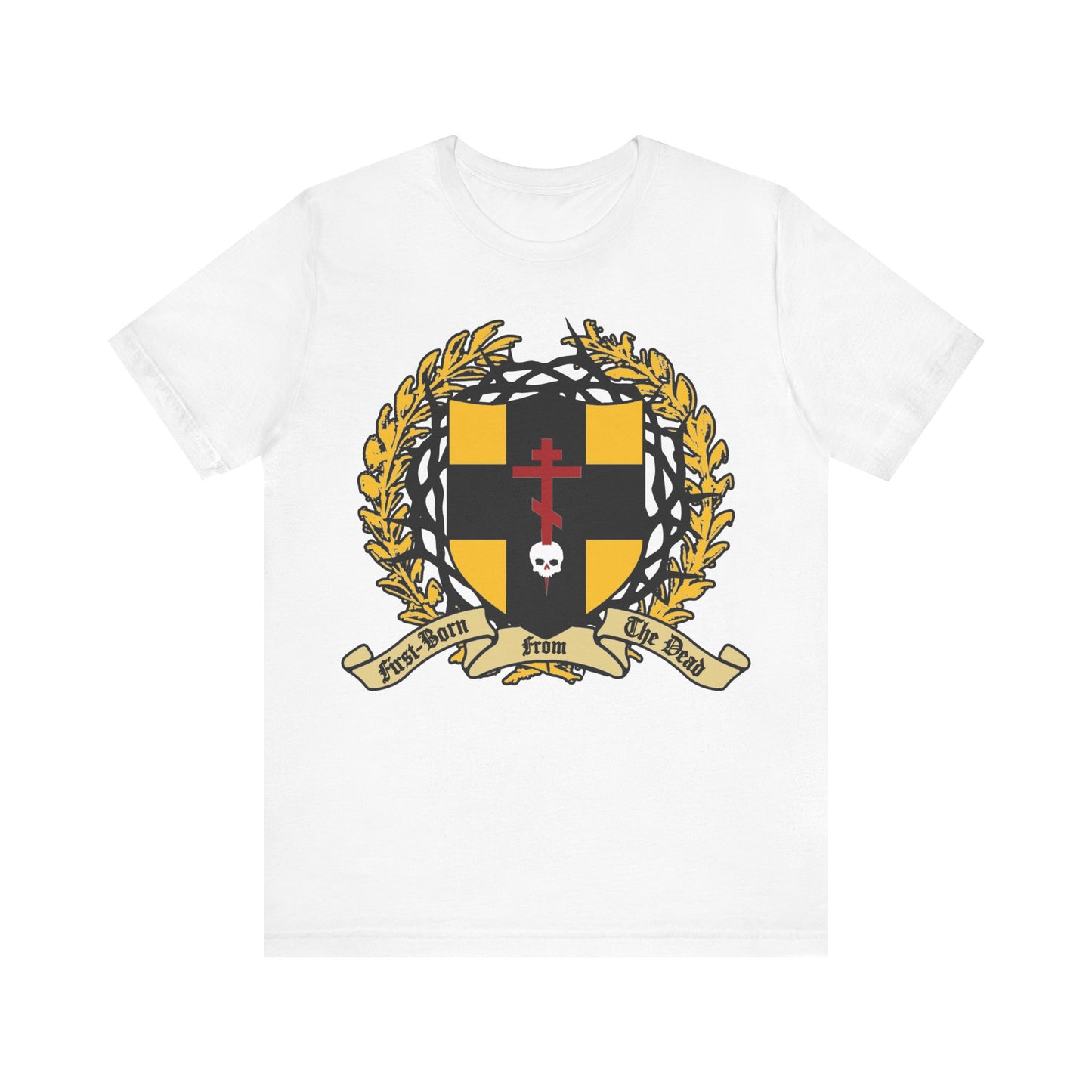 White “First-Born from the Dead (Col 1:18)” unisex tee features an Orthodox cross stabbing a skull, shield with victory wreath & crown of thorns—symbolizing Christ’s redemption, inspired by Exodus and Colossians.