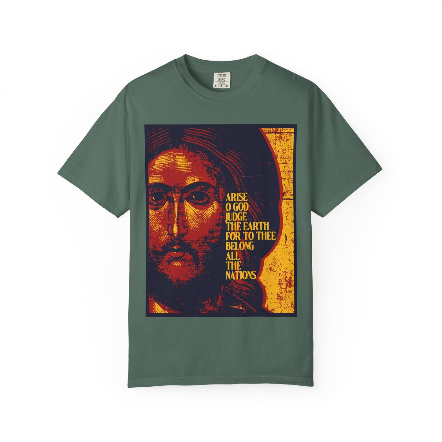 Blue Spruce T-shirt featuring a posterized iconographic image of Jesus Christ and yellow text inspired by Psalm 81: “Arise, O God, judge the earth, for the kingdoms of our Lord belong to You.” This heavyweight cotton unisex shirt is designed with an Orthodox Christian theme.
