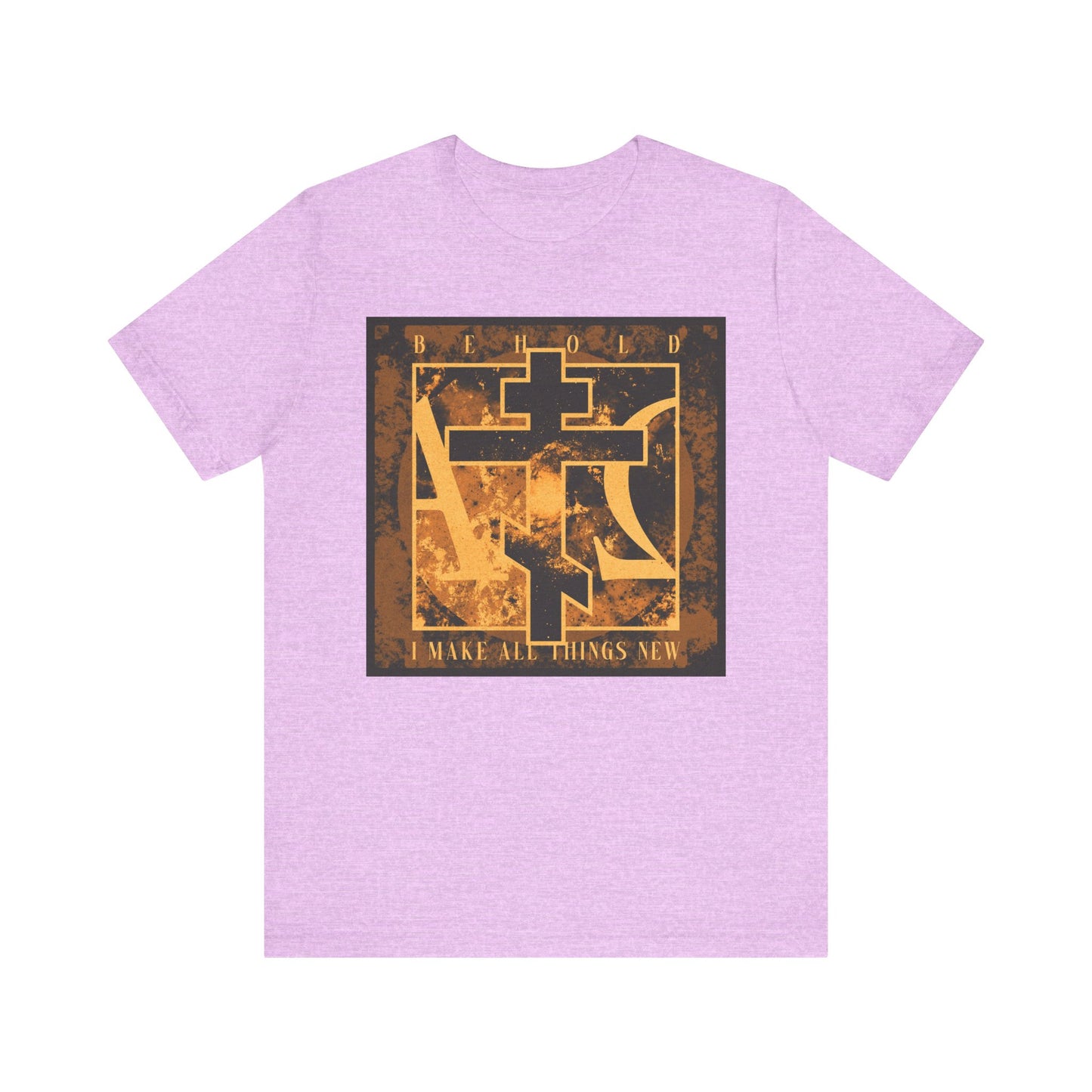 Heather Prism Lilac t-shirt featuring a brown and orange Orthodox cross with Alpha & Omega, “Behold, I Make All Things New” (Rev 21:5), on soft cotton. Lightweight unisex fit inspired by the promise of renewal.