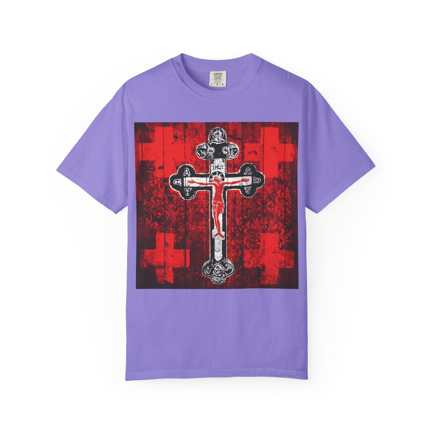 Violet Alpha & Omega Art Cross unisex heavyweight cotton tee, featuring a large, ornate crucifix Orthodox icon-inspired design in red, white, and black with multiple faint crosses—a meaningful symbol especially recognized during Great Lent.