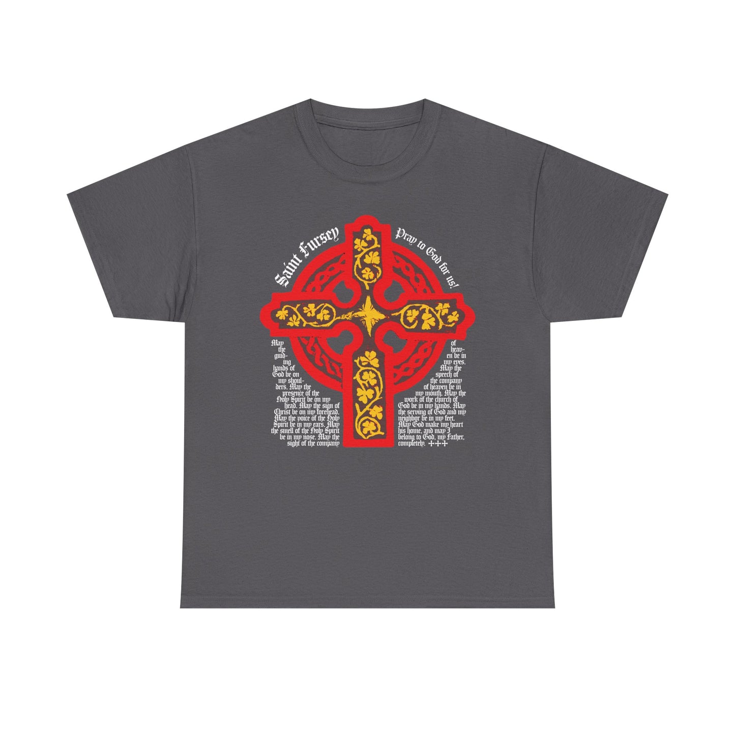 Charcoal tee featuring a red and yellow Celtic cross inspired by the Ancient Celtic Church, with "Saint Brigid Pray for Us" in white. Lorica Shield Prayer of St Fursey design, Irish Orthodox, Western Rite. Unisex midweight cotton.