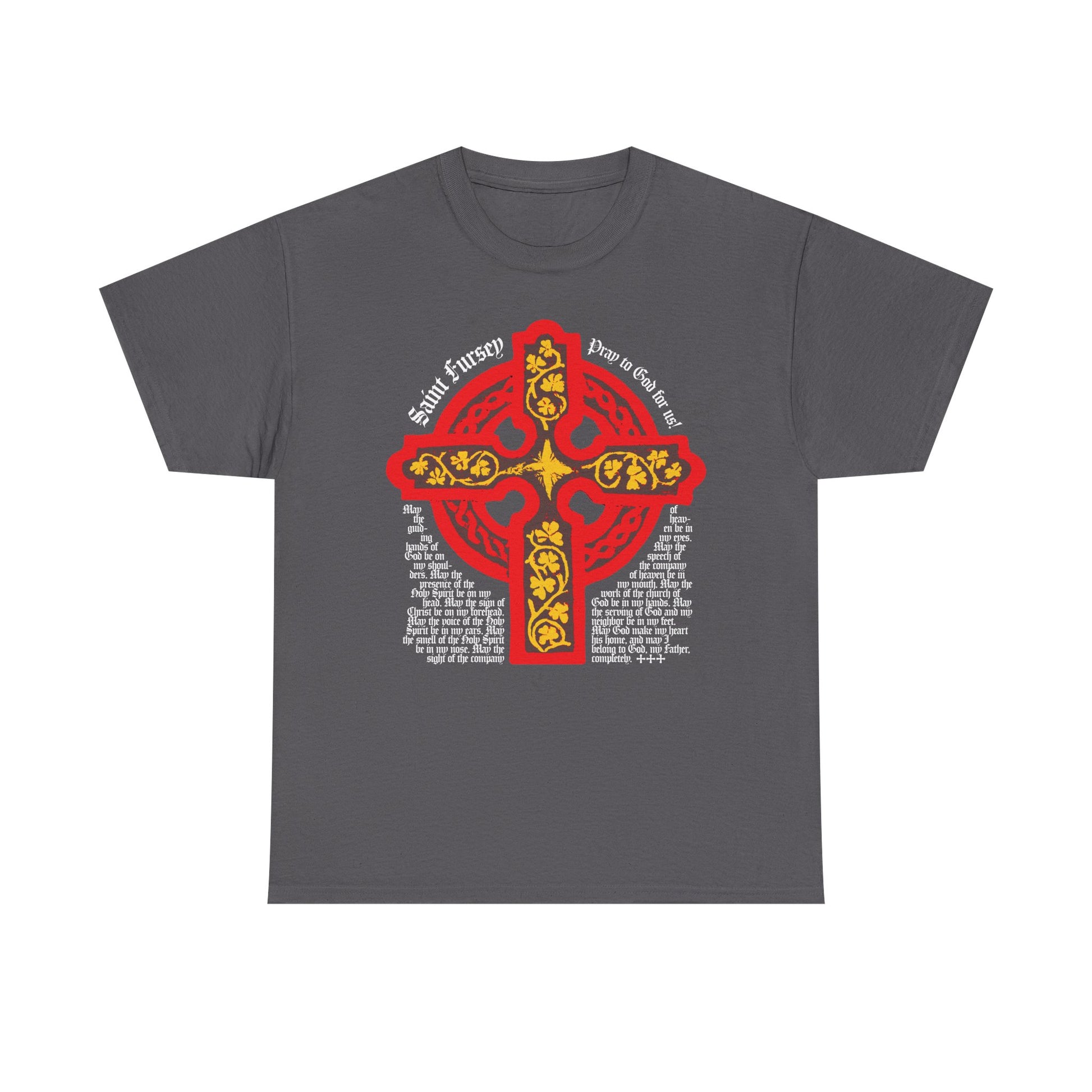Charcoal tee featuring a red and yellow Celtic cross inspired by the Ancient Celtic Church, with "Saint Brigid Pray for Us" in white. Lorica Shield Prayer of St Fursey design, Irish Orthodox, Western Rite. Unisex midweight cotton.