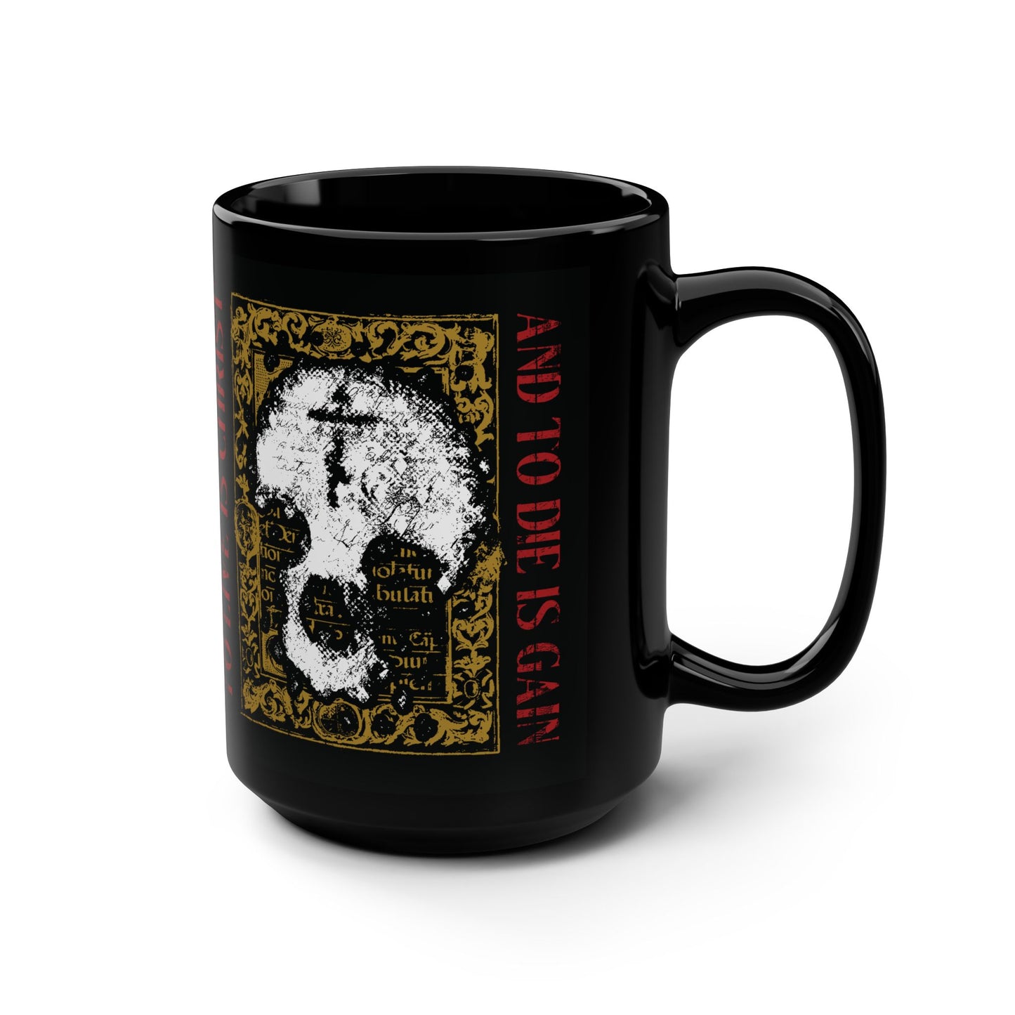 To Live is Christ, to Die is Gain (Philippians 1:21) | Skull with Cross on Gold Manuscript Texture | Orthodox Christian Black Mug