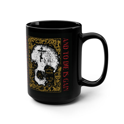 To Live is Christ, to Die is Gain (Philippians 1:21) | Skull with Cross on Gold Manuscript Texture | Orthodox Christian Black Mug