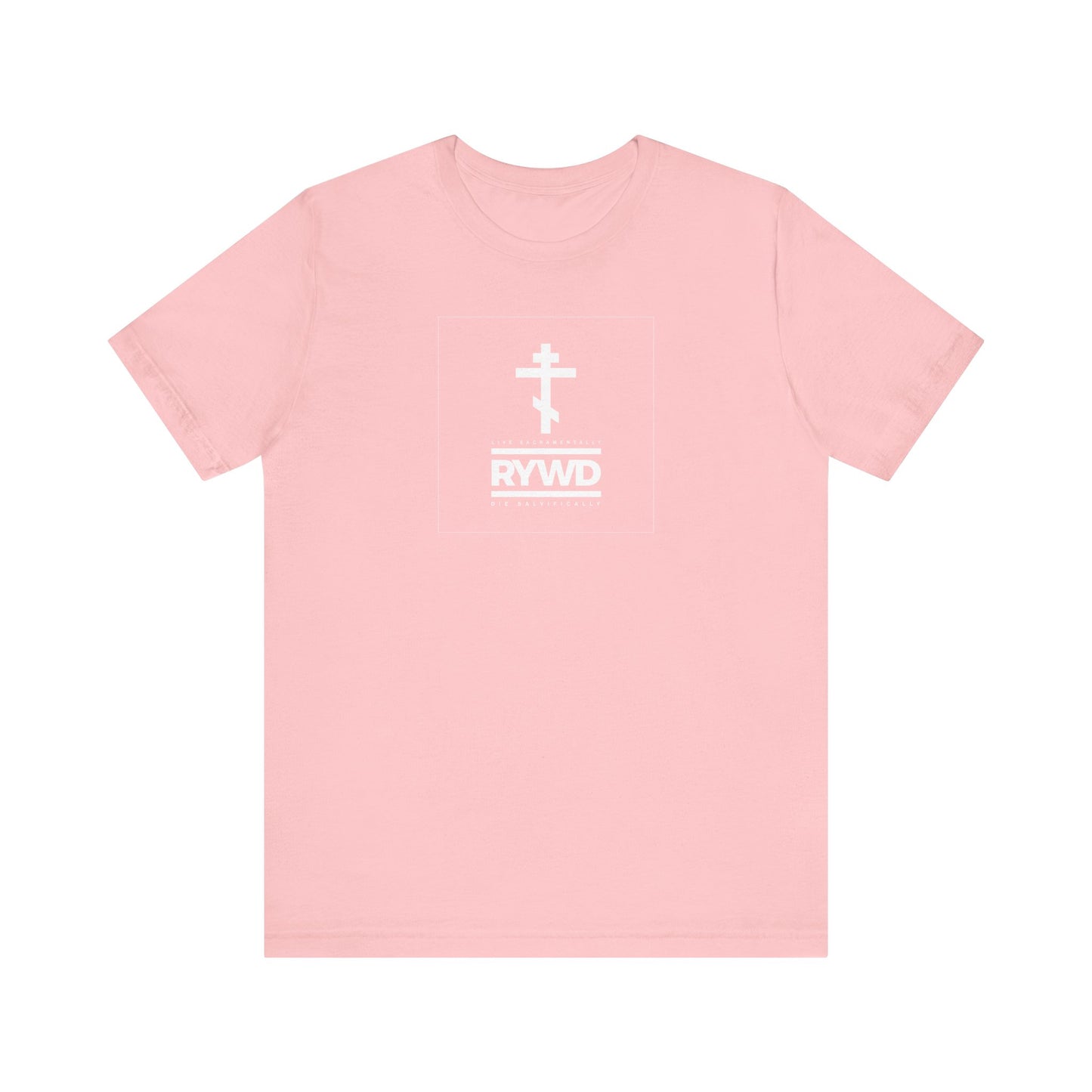 RYWD (Remember You Will Die) pink lightweight cotton unisex tee featuring a minimalist white double-barred cross and “RYWD” text in a square outline on the chest—designed to inspire you to live sacramentally and die salvifically, embracing every moment with Orthodox Christian faith.