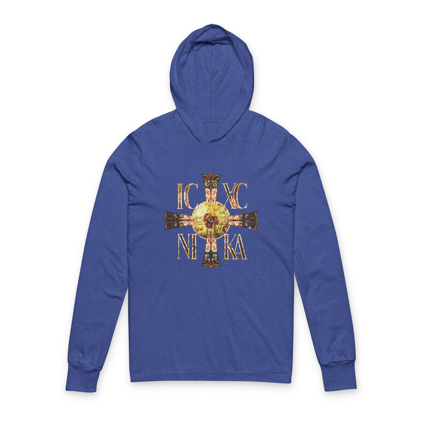 ICXC NIKA Celtic Style Equal Armed Cross | Bright Solar Texture | Orthodox Long Sleeve Hooded Shirt