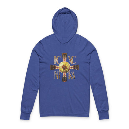 ICXC NIKA Celtic Style Equal Armed Cross | Bright Solar Texture | Orthodox Long Sleeve Hooded Shirt