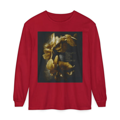 Red “Beauty Will Save the World” Christian long sleeve, featuring Dostoevsky-inspired photographic artwork glorifying Jesus Christ, Universal Creator & King—celebrate faith and style in every wear.