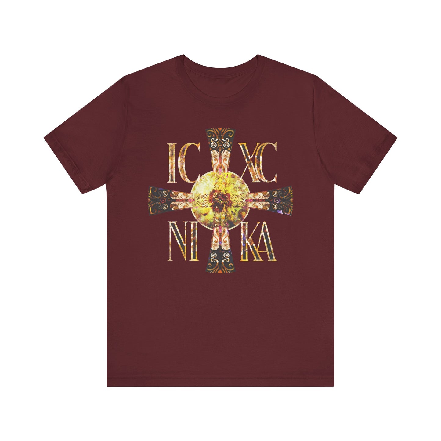Maroon cotton tee with a Celtic-style equal-armed Cross and gold IC XC NIKA, featuring a bright solar texture. Lightweight, unisex Orthodox shirt inspired by the never-setting Sun.