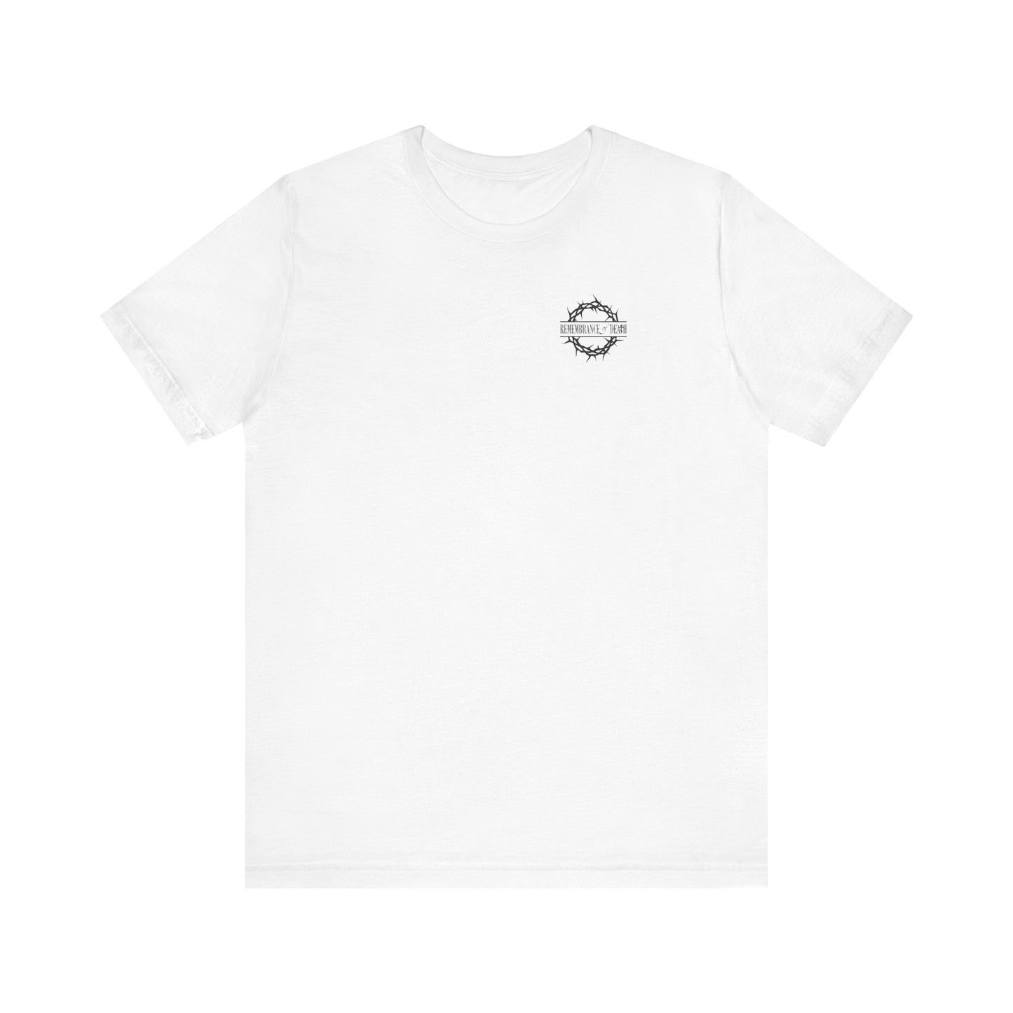 White unisex lightweight cotton tee with a small branded graphic on the front and “Dead to this World” Christian Goth flower cross & skull design printed on the back.