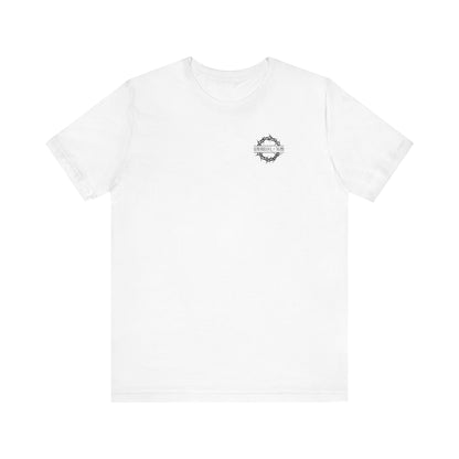 White unisex lightweight cotton tee with a small branded graphic on the front and “Dead to this World” Christian Goth flower cross & skull design printed on the back.