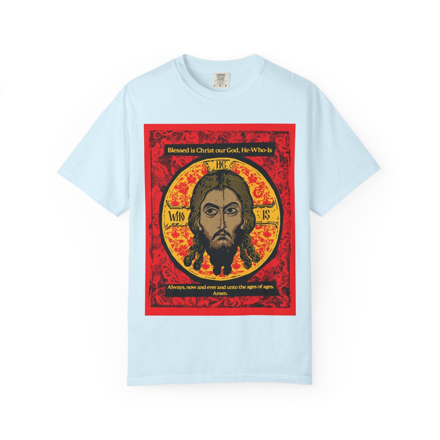 Chambray t-shirt with "Made Without Hands" (Mandylion/Image of Edessa) Jesus Christ Orthodox iconographic design, inspired by Christian tradition. Heavyweight cotton unisex fit.
