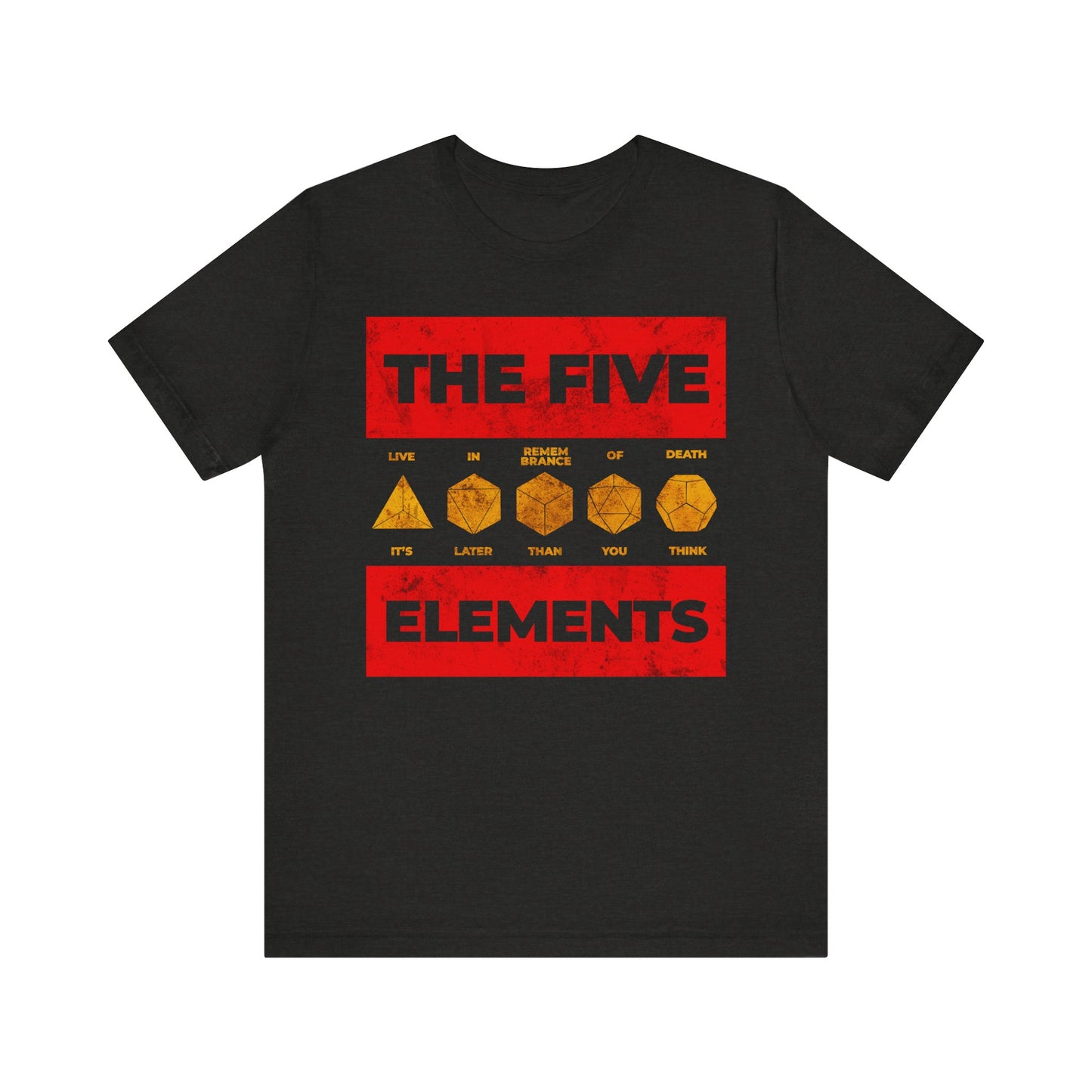 Absolutely! Here’s a rewritten sentence using your product data: Black Heather unisex cotton t-shirt featuring The Five Elements (Platonic Solids) with red and yellow dice-inspired graphics and meaningful text, inspired by St Ignatius Brianchaninov’s teaching that “Live Remembrance of Death” is a powerful antidote to despondency.