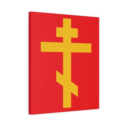 The "Yellow Orthodox Cross Red Background" canvas art symbolizes the precious, life-giving weapon of unseen warfare and scourge of demons in Orthodox tradition.
