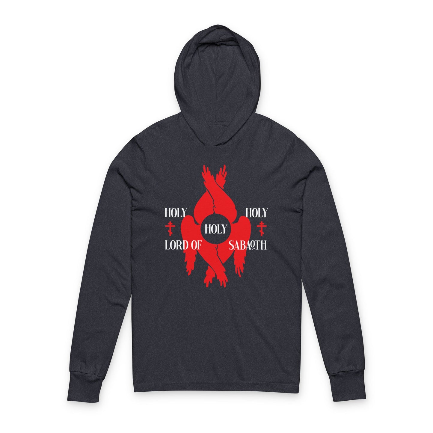 Heather navy long sleeve hooded shirt with red seraphim wings and Orthodox crosses, inspired by Isaiah 6:3 and the Divine Council, featuring "HOLY HOLY HOLY LORD OF SABAOTH" on the front.