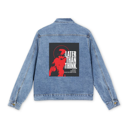 Medium denim wash Christian jean jacket featuring a minimal red "It's Later Than You Think" design with halo, inspired by Seraphim Rose and an apocalyptic Orthodox ethos.
