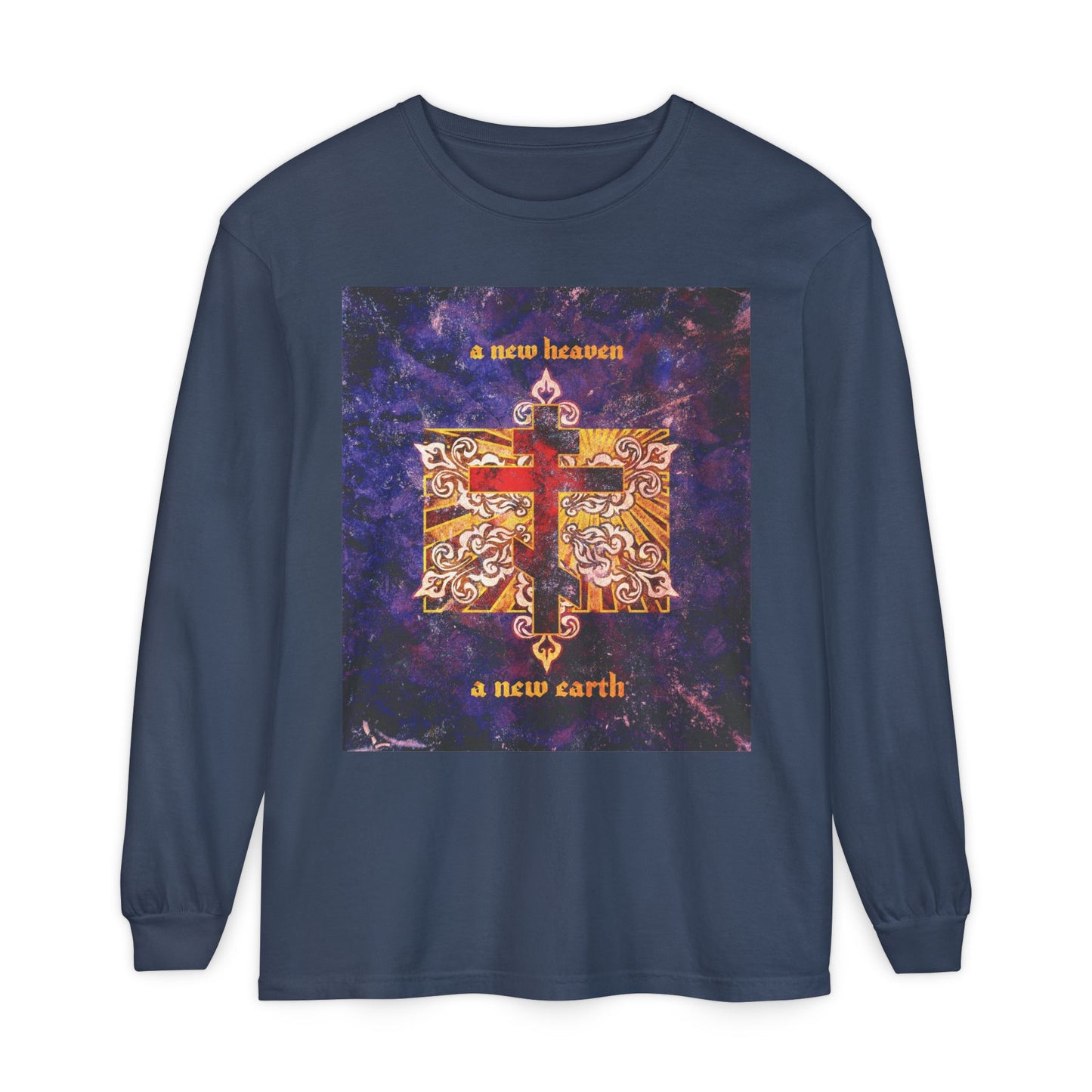 A New Heaven/A New Earth | Red Orthodox Cross on Textured Ornate Background | Red Blue & Gold Design | Orthodox Long Sleeve Cotton Shirt