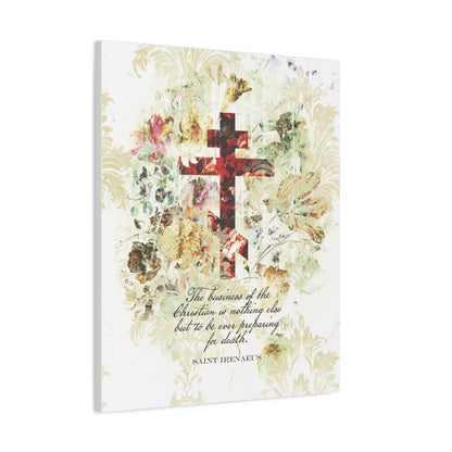 Preparing For Death | White & Beige Floral Scrapbook Texture Cross | Arts & Crafts Style | St Irenaeus | Orthodox Christian Canvas Art