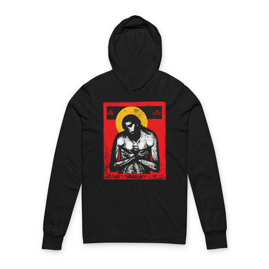 Black hoodie named "The King of Glory Jesus Christ 'Extreme Humility' IconoGraphic" in red, yellow, white, and black—features Jesus Christ with a halo, hands crossed, and an Isaiah 53-inspired design.