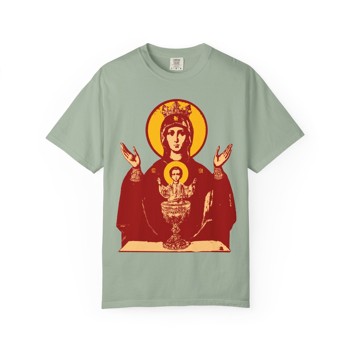 Bay-colored heavyweight cotton unisex T-shirt featuring the Holy Theotokos IconoGraphic of the Inexhaustible Chalice, known as the Deliverer from Addictions and Conqueror of Passions.