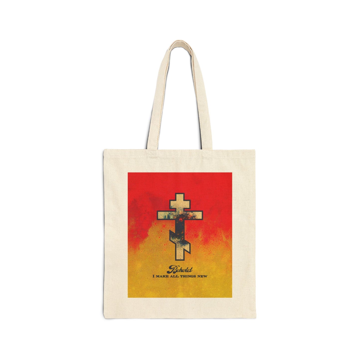 Behold, I Make All Things New (Rev 21:5) | Cosmic Orthodox Cross on Red and Yellow Background | Orthodox Christian Cotton Canvas Tote Bag