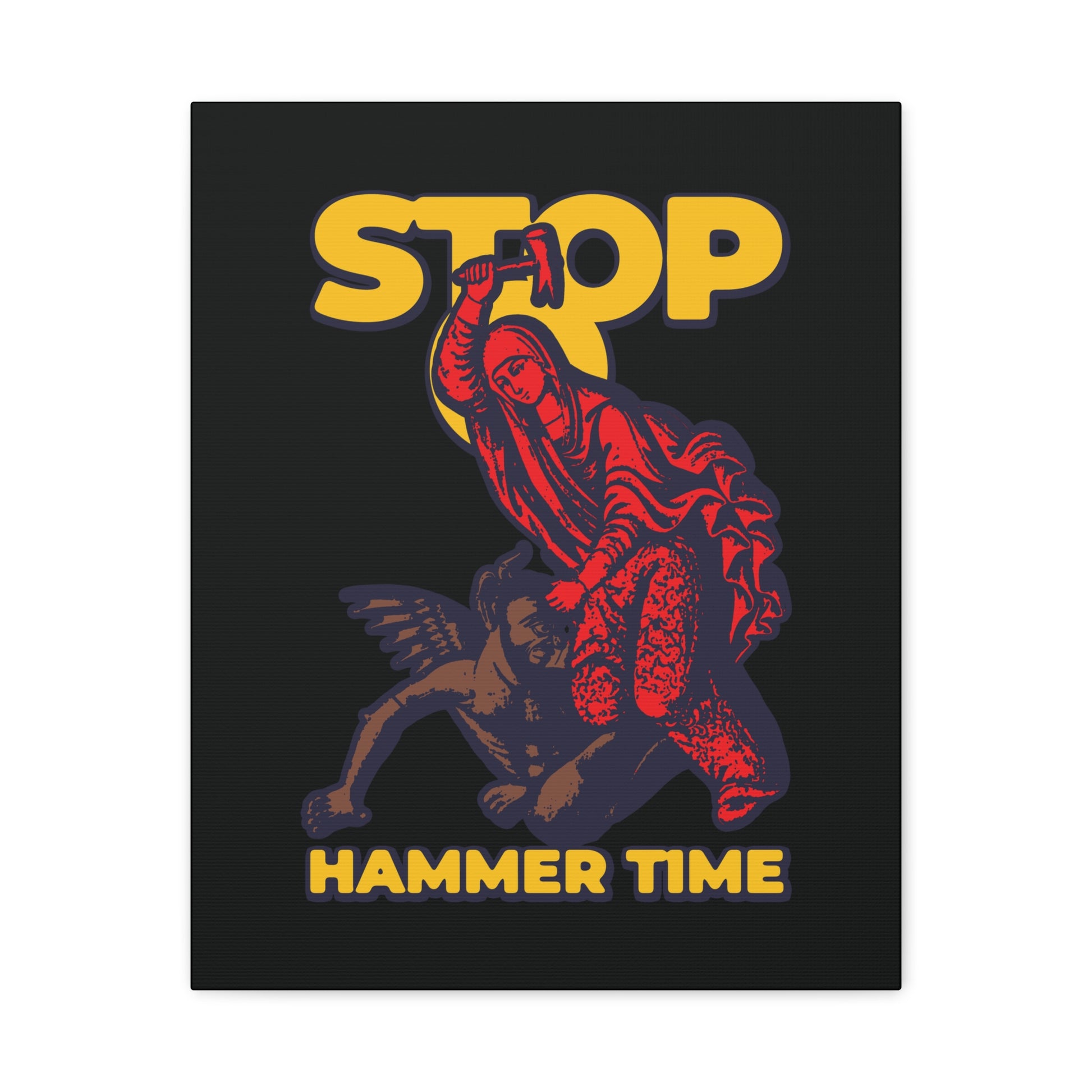 Stylized red, blue, and yellow image of St Marina of Antioch beating the devil with a hammer. Text reads "Stop, Hammer Time." Modern Orthodox meme Christian wall art on a black background.