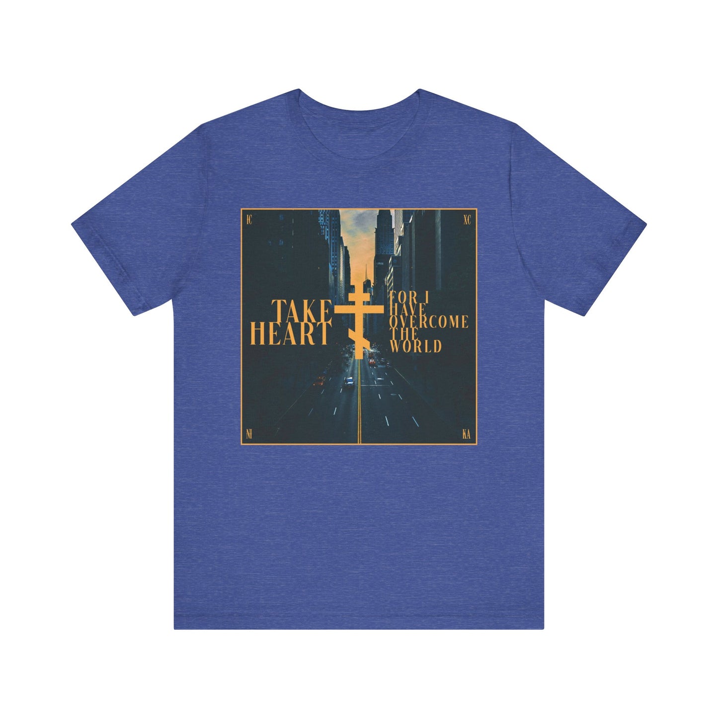 Take Heart, For I Have Overcome the World (John 16:33) | Redemptive Modern City Street Scene Design | Lightweight Cotton Unisex Tee