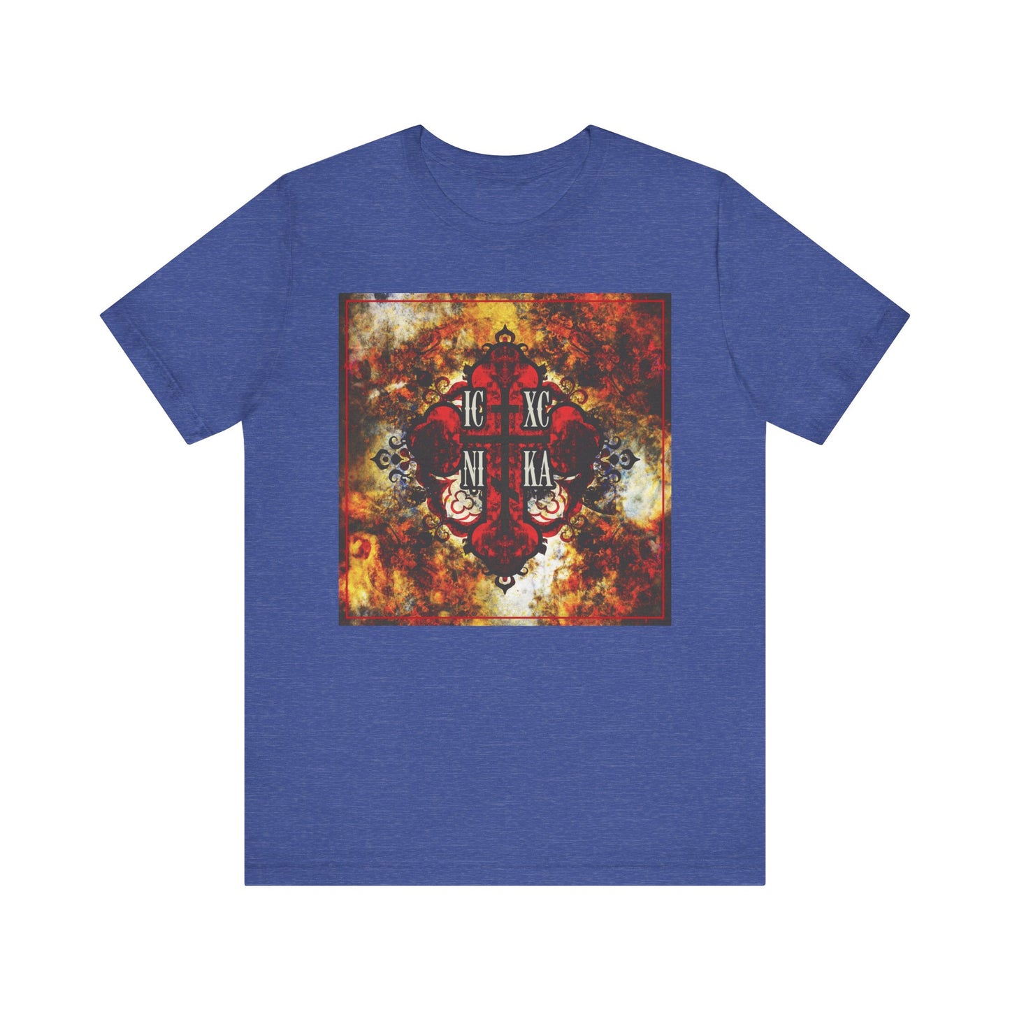 Heather True Royal t-shirt featuring a bold, colorful-textured red Orthodox cross in the center, inspired by the wisdom of St Ambrose of Optina—reminding you to keep Jesus in your heart.