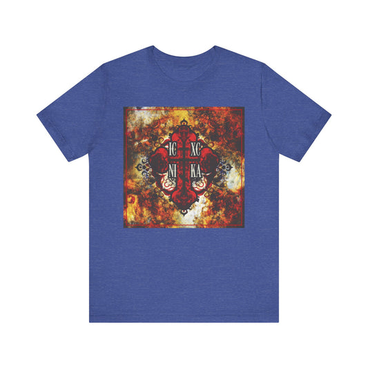 Heather True Royal t-shirt featuring a bold, colorful-textured red Orthodox cross in the center, inspired by the wisdom of St Ambrose of Optina—reminding you to keep Jesus in your heart.