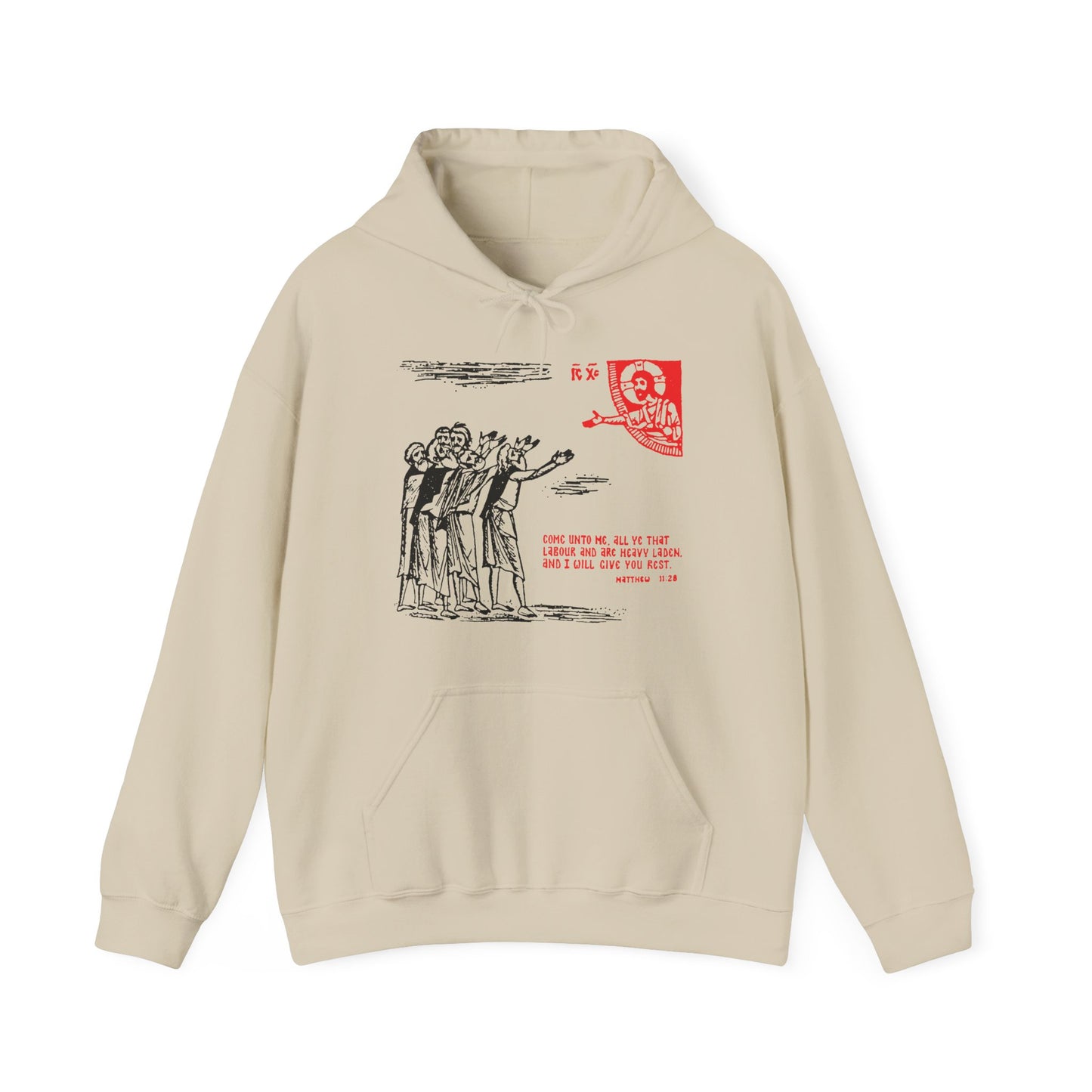 Sand-colored hoodie featuring a red and black icono-graphic design of people and text inspired by St Cyril of Alexandria, with “Come Unto Me All Ye That Labour & Are Heavy Laden (Matt. 11:28)” on the front and a kangaroo pocket.