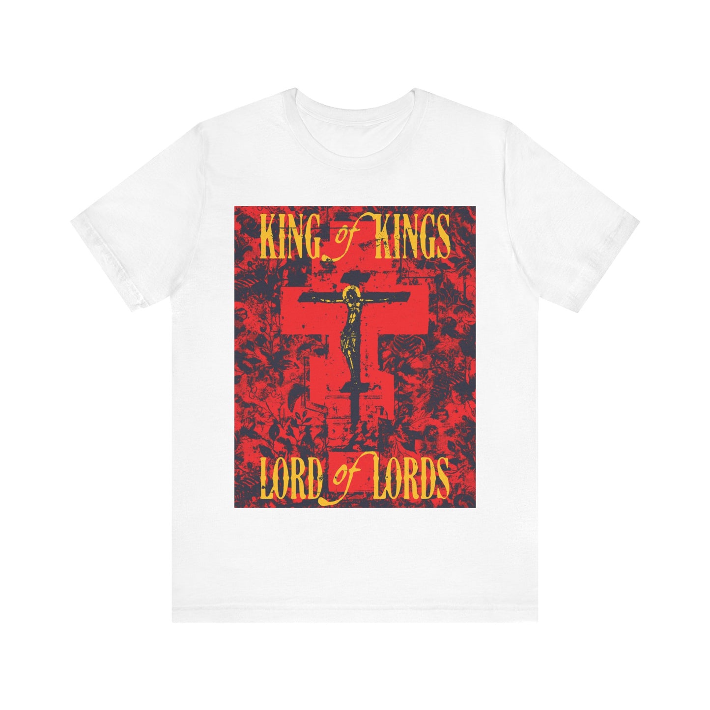 King of Kings, Lord of Lords | Christ Crucified Orthodox Icono-Graphic | Yellow & Red Design | Nature Texture | Lightweight Cotton Unisex T-Shirt