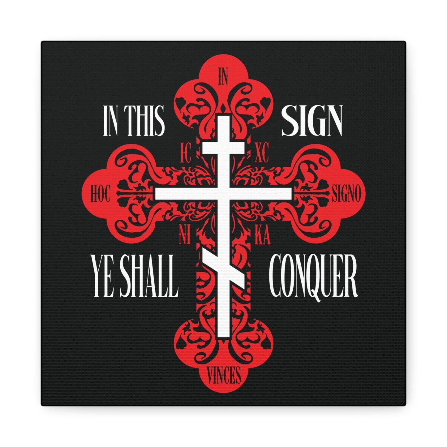 The "In This Sign Ye Shall Conquer" wall art features a red ornate Orthodox cross with "ICXC NIKA," symbolizing Jesus Christ's victory, embodying spiritual warfare and faith.