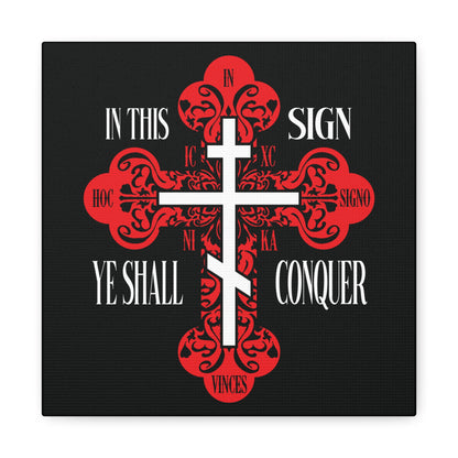 The "In This Sign Ye Shall Conquer" wall art features a red ornate Orthodox cross with "ICXC NIKA," symbolizing Jesus Christ's victory, embodying spiritual warfare and faith.