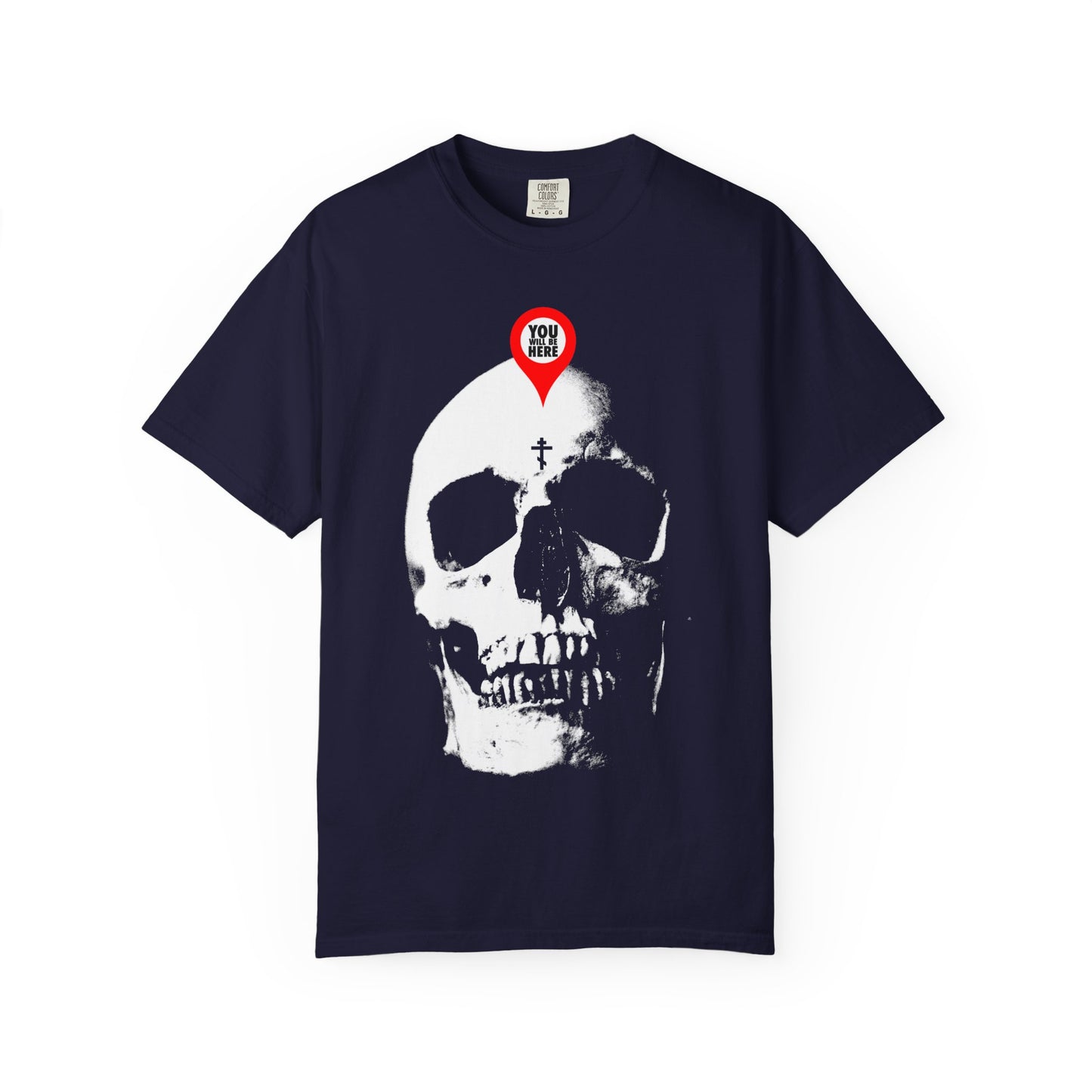 True Navy heavyweight cotton unisex tee featuring a skull with a red “You Are Here” map marker—memento mori design inspired by Orthodox reflection, What You Are I Once Was. "You Will Be Here Maps Marker on Skull" graphic.