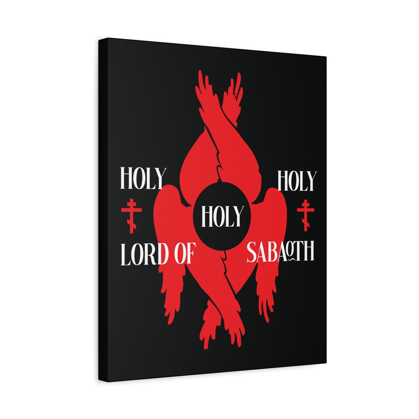 The "Holy Holy Holy Lord of Sabaoth Red Seraphim Wings Orthodox Crosses" canvas art features a red seraphim and Isaiah 6:3 on a black background, inspired by the Divine Council and Holy Anaphora of St Cyril of Jerusalem.