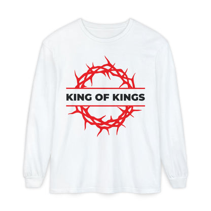 White long-sleeve cotton shirt featuring a red crown of thorns and "KING OF KINGS," inspired by Revelation 19:16. King of Kings Crown of Thorns | The King of Glory | Christ is King Christian apparel.