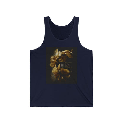 Navy tank top featuring "Beauty Will Save the World" with original photography glorifying Jesus Christ, Universal Creator & King. Christian apparel inspired by Dostoevsky.