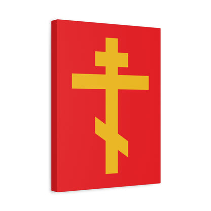 The Yellow Orthodox Cross Red Background canvas art features a gold cross, symbolizing the Precious and Life-Giving Weapon of Unseen Warfare, set against red, with a visible edge—Scourge of Demons and inspired by Galatians 2:20.