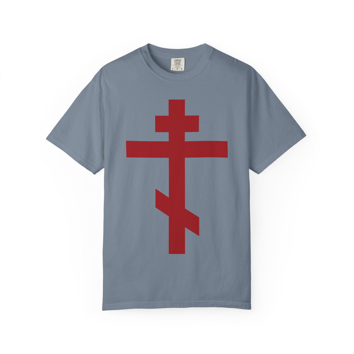 Blue jean-colored Red Orthodox Cross t-shirt featuring a large red Orthodox cross on the front.