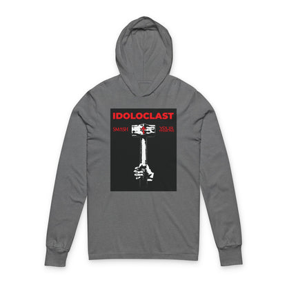 Grey TriBlend hoodie featuring the Idoloclast Idol-Smasher design: Jesus’ fist with a sledgehammer, “IDOLOCLAST” in red, and “ICXC NIKA”—inspired by Christian asceticism and Orthodox tradition.