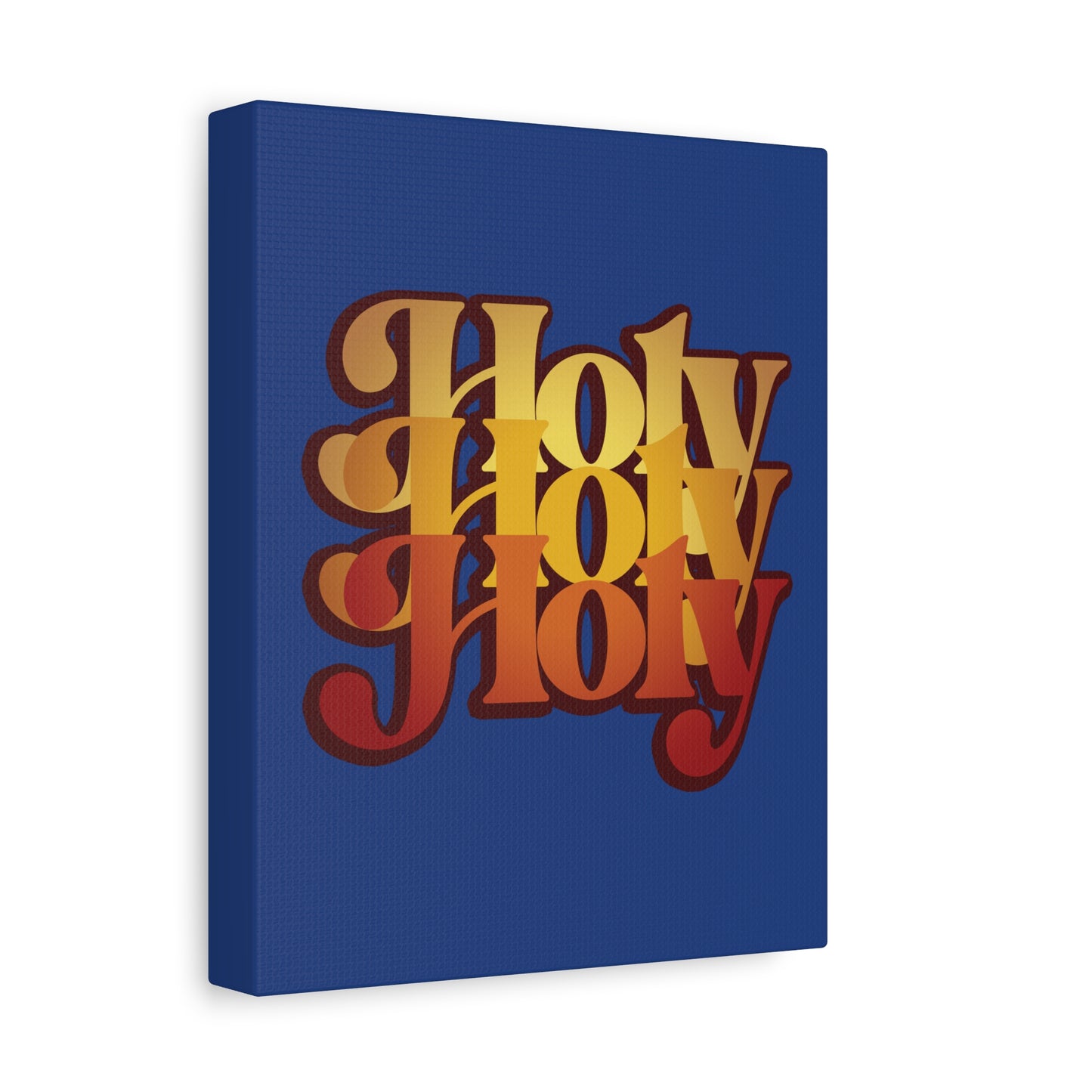 Holy Holy Holy Trisagion Liturgical Prayer 70s Style canvas—featuring bold retro yellow and red text on blue, inspired by Isaiah 6:1-3. Orthodox Christian Cherubim & Seraphim wall art.