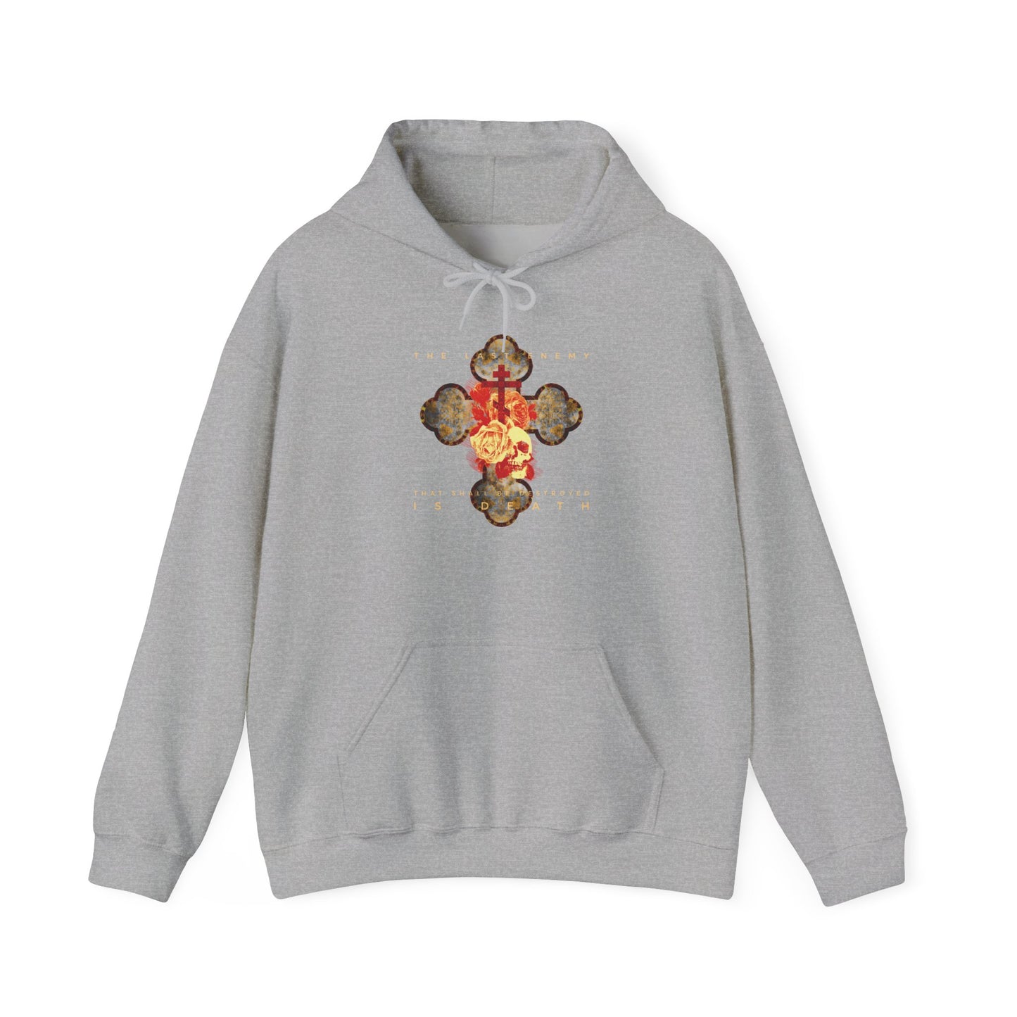 Sport Grey hoodie featuring a metallic gothic cross with rose and skull in red and gold at the front center, inspired by the message of 1 Corinthians 15:26—“The Final Enemy That Shall Be Destroyed Is Death”—expressing the Orthodox Christian hope in Christ’s resurrection and victory over death.