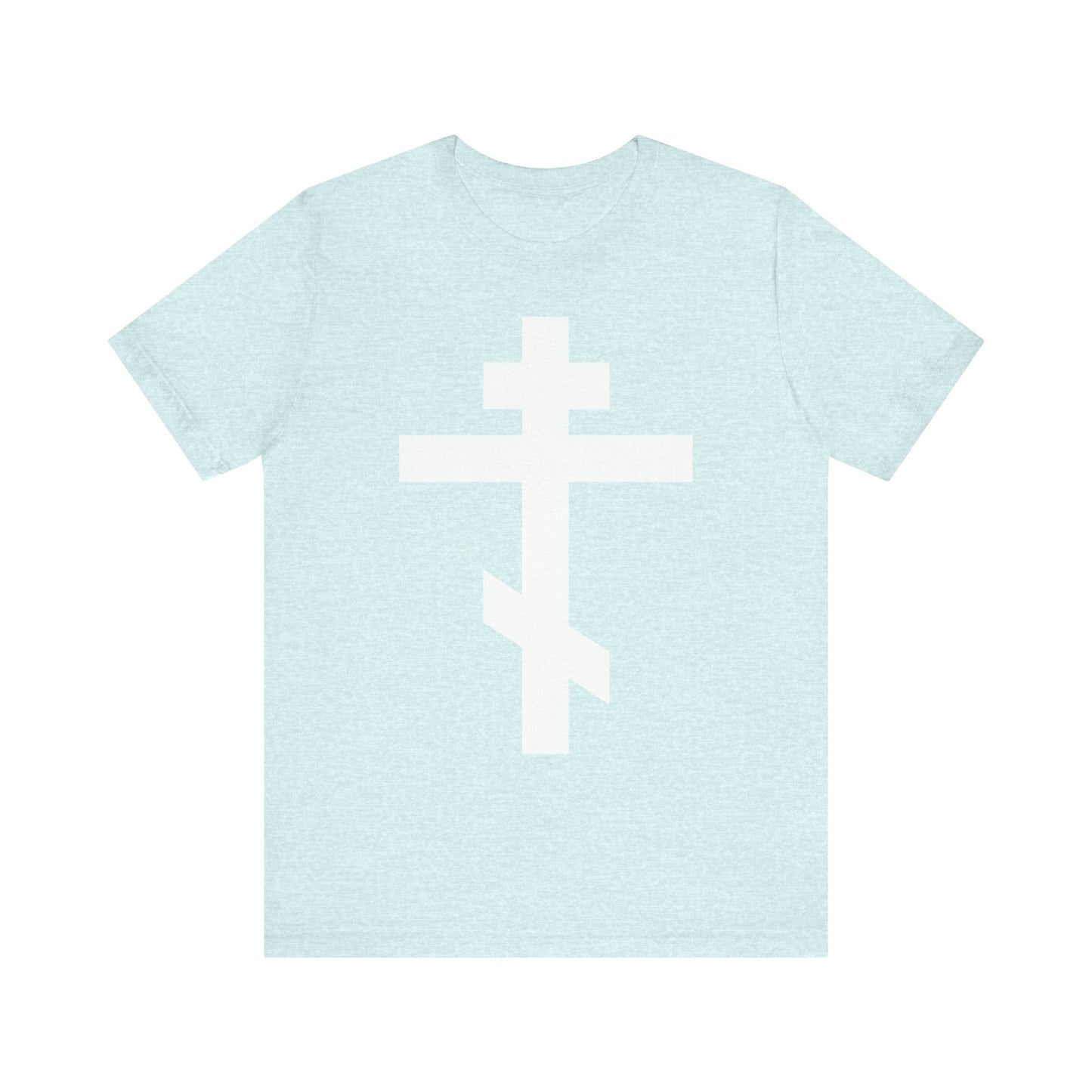 Heather Prism Ice Blue t-shirt featuring a large white Orthodox cross on the front and inspired by St. John of Kronstadt’s message, “By the power of Thy Cross do Thou preserve Thy people,” in a lightweight unisex cotton design.