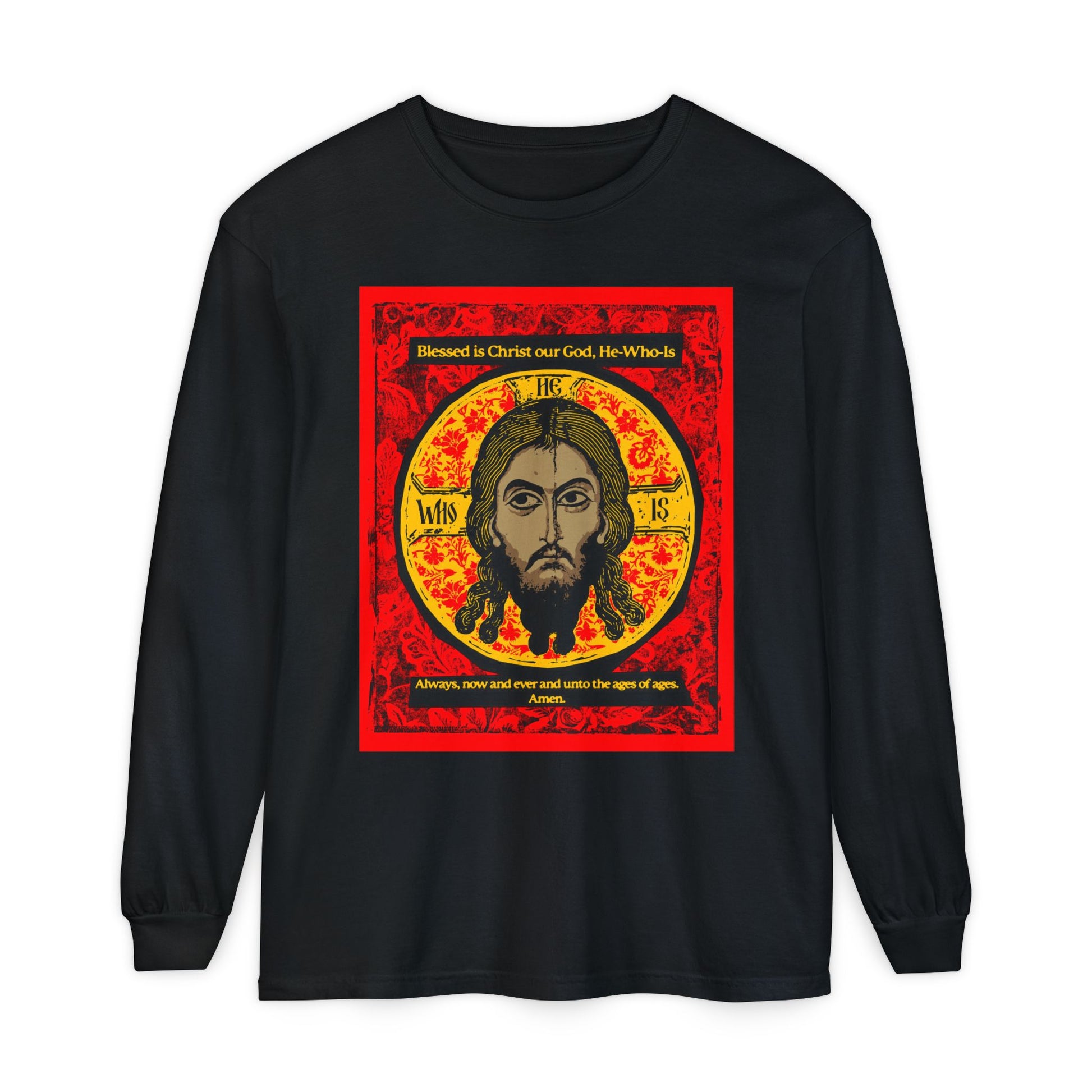 The Remembrance of Death "Made Without Hands (Mandylion)" long-sleeve shirt features a stylized Orthodox icon of Jesus Christ with red, black, and yellow tones, plus "Blessed is Christ our God, He-Who-Is" text referencing the Troparion Tone 2.