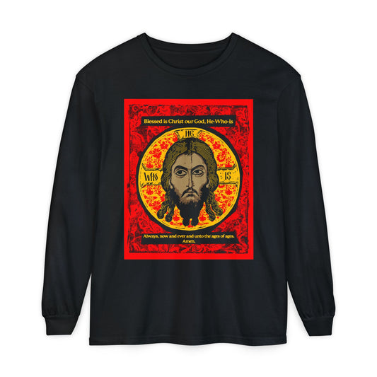 The Remembrance of Death "Made Without Hands (Mandylion)" long-sleeve shirt features a stylized Orthodox icon of Jesus Christ with red, black, and yellow tones, plus "Blessed is Christ our God, He-Who-Is" text referencing the Troparion Tone 2.