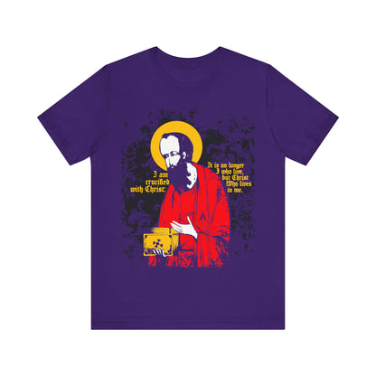 Team Purple T-shirt featuring St Paul holding the Gospel in an iconographic style, with gold “I am crucified with Christ…” text (Galatians 2:20)—an Orthodox Christian statement of faith.