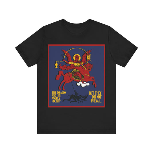 Archangel Michael of the Apocalypse IconoGraphic (Revelation 12:7-8) | Red Angel and Horse on Blue Background | Orthodox Christian T-Shirt