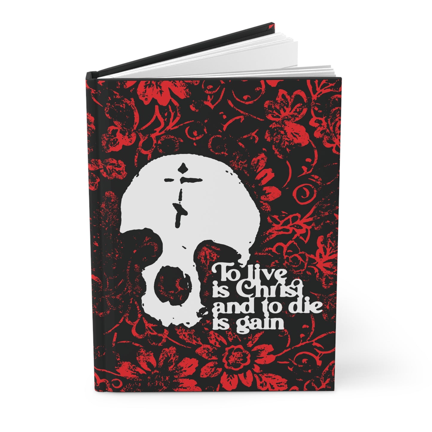 To Live is Christ To Die is Gain (Phil 1:21) | Skull with Cross on Red Floral Texture | Orthodox Christian Hardcover Journal