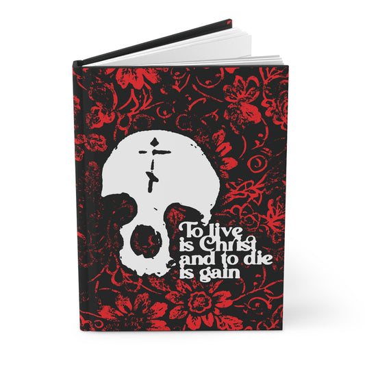 To Live is Christ To Die is Gain (Phil 1:21) | Skull with Cross on Red Floral Texture | Orthodox Christian Hardcover Journal